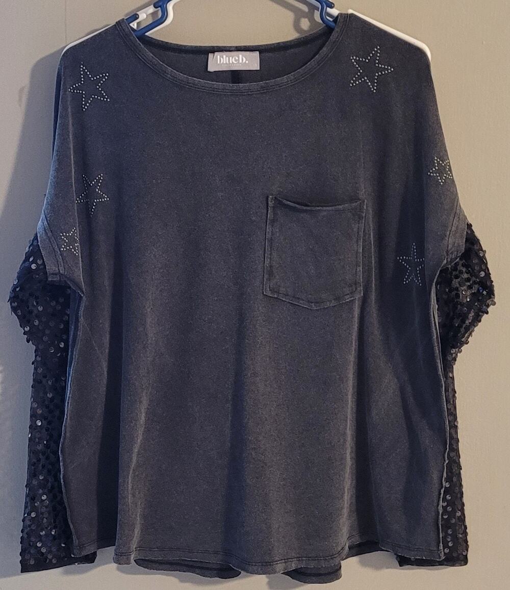 Women's black long-sleeved top sequined sheen sleeves size small by BLUE B